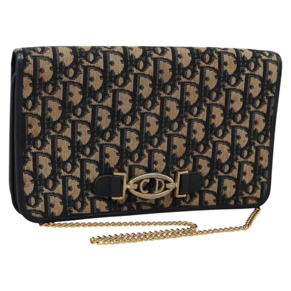 DIOR Trotter Canvas Chain Shoulder Bag Navy Gold - Picture 1 of 12